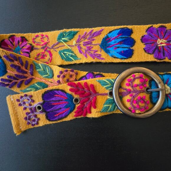 Boho Relaxed Hand Embroidered Floral Fabric Belt Colorful Vivid Artisan Unique main image 5